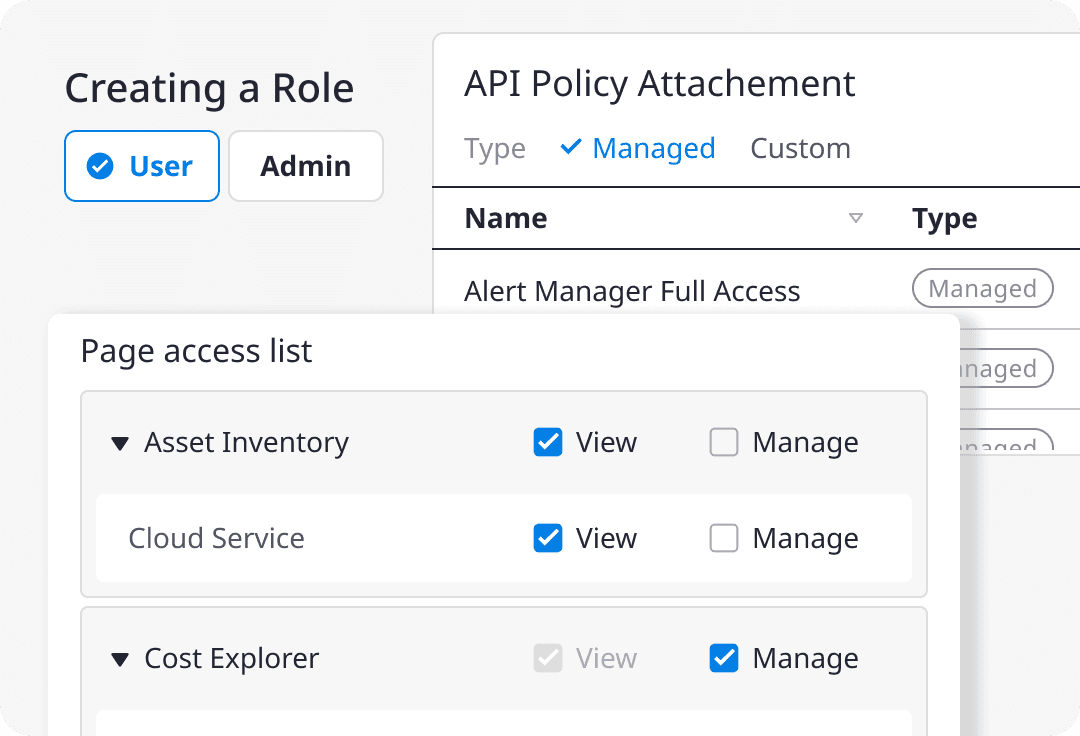 Creating a role as user or admin, API policy attachment and page access list UI